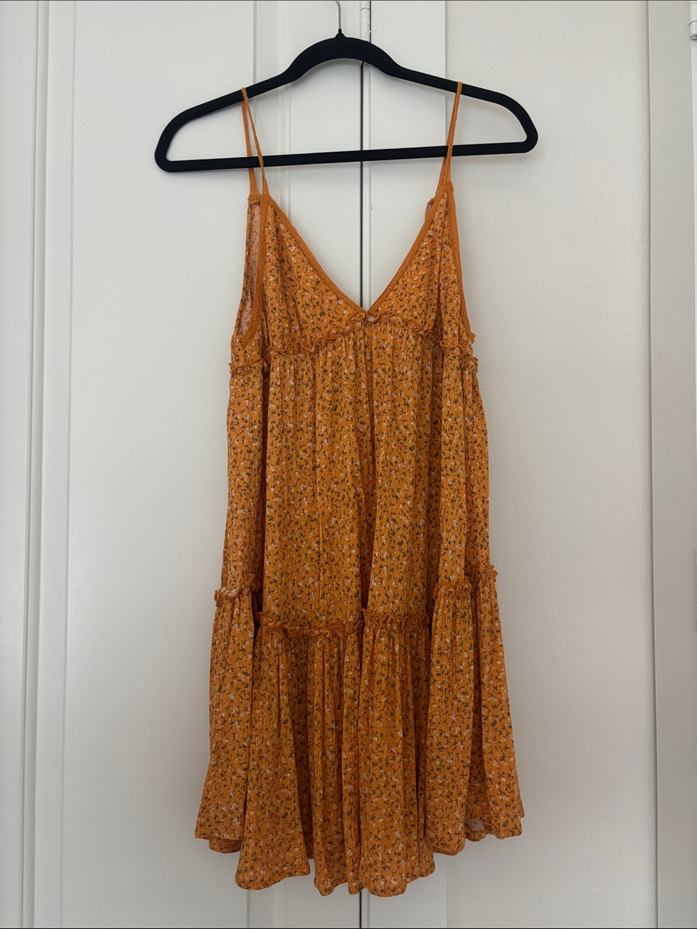Mustard Floral Tiered Spaghetti-Strap Dress